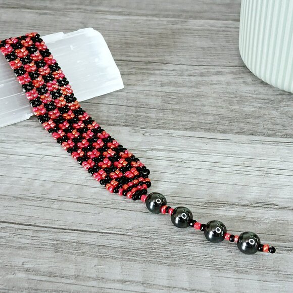 Hematite Gemstone Beaded Checker Bracelet, Adjustable Seed Bead Bracelet - Picture 11 of 11